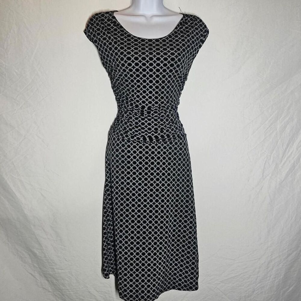 white black patterned scoop neck midi a-line dress